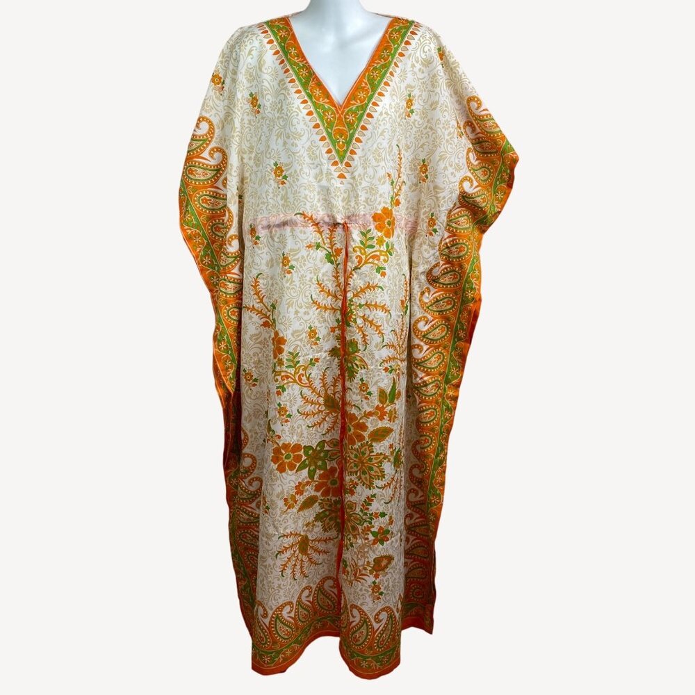 Phases Womens Caftan V-Neck Dress Orange Green Floral Drawstring Waist One Size